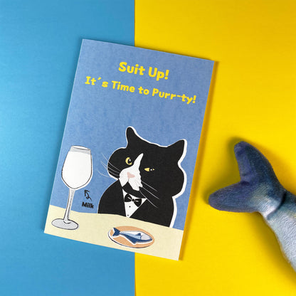 Suit Up! It's time to Purr-ty! Greeting Card